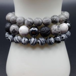 NWT 3 Pack Giadasio Handmade Grey/Black/White Natural Stone Beaded Bracelets